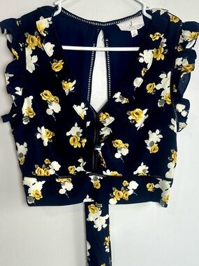 J.O.A. Floral Ruffle Crop Top - Dark Blue and Yellow